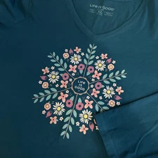 Life Is Good Women's Teal Long Sleeve Folk Art Garden Shirt V-neck Size XL