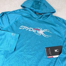 Spyder Swim Rash Guard Mens L Blue Surf UPF 30 Hooded Wicking Quick Dry Logo NWT