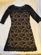 Karen Kane Black Nude Lace Midi Dress 3/4 Sleeve Lined Floral Stretch Women’s M 