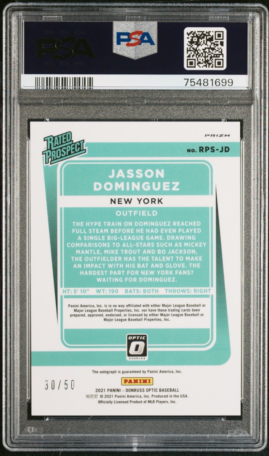 Jasson Dominguez 2021 Optic Rated Rookie Prospect Auto Green Mojo /50 PSA 10 view 2