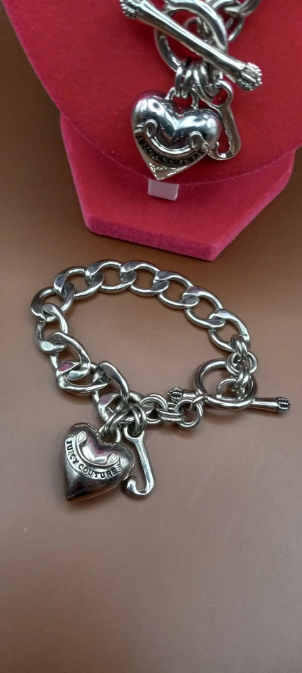 Y2K juicy Couture Puff Heart Silver Tone Necklace & Bracelet Set Vintage - Image 3 of 4