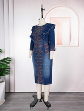African Dashiki Denim Rhinestone Maxi Dress Women Plus Size Bodycon Evening Gown
