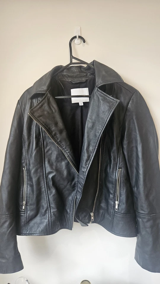 Witchery - Size 12 - Women's Black Soft Genuine Leather Crop Biker Jacket