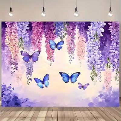 1pc Spring Garden Photography Backdrop, Polyester Butterfly & Wisteria Flower