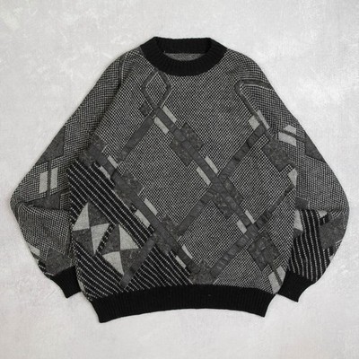 Vintage Rauten Leder Patch Strickpullover X-Large Damen 80er Jahre grau Sweater
