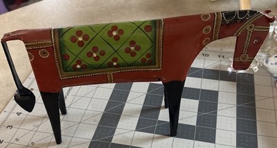 Vintage Folk Art Metal Horse Donkey Figurine Hand Painted Red