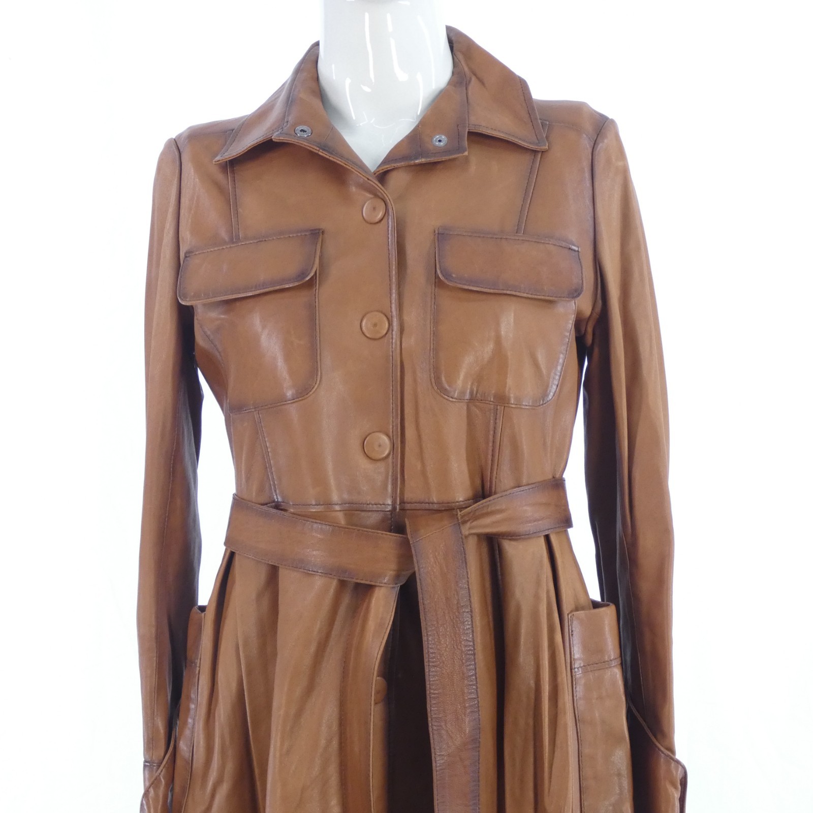 Burberry Leather Trench Coat Cognac Brown Vintage Y2K Long Line size UK 10 IT 42 image 4