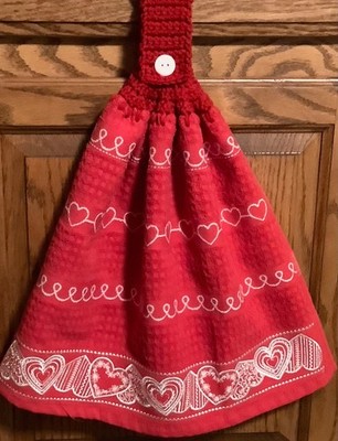 Double   hanging kitchen towel Valentine hearts love crocheted red top