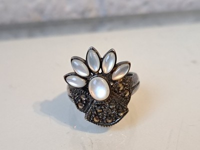 Beautiful Old Ring, 925 Silver With Moonstone And Marcasite