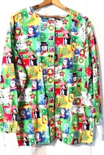 Women's Large Scrubs Lab Coat Comfy Cotton Scrubs Long Sleeve Christmas Theme