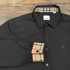 Burberry London England Mens XXL BLK LS Button Up Shirt Nova Check Trim Stretch