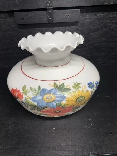 Vintage Milk Glass Hurricane Lamp Shade 7” Fitter Floral Ruffled Top