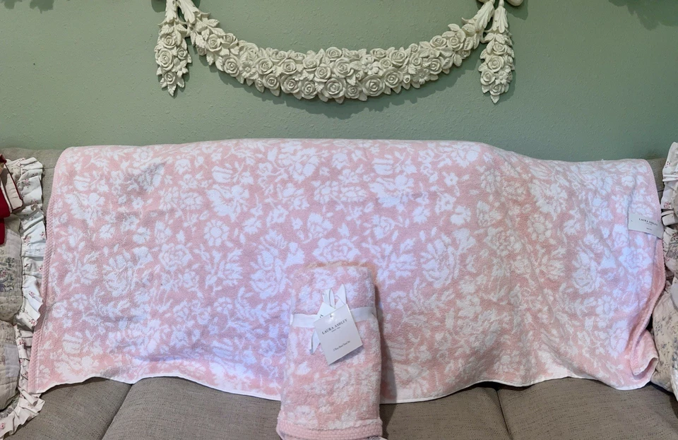 Rare SET3 LAURA ASHLEY Pink/White FLORAL Cotton 1-BATH+2-HAND Towel NWT SOPretty - Image 2 of 4