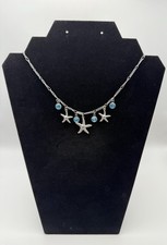 Silver-Tone Starfish Charm Pendant Necklace w/ Blue Bead Accents Beach Sea