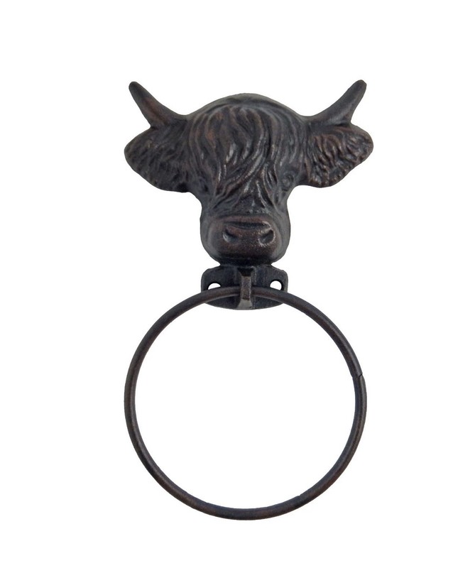 Two Cast Iron Highland Cow Head Towel Ring Hanger Rustic Farmhouse Decor Wall