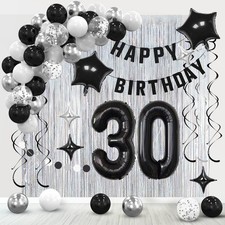 30th Birthday Decorations for Boys Girls, Silvery and Black Happy 30th Birthd...