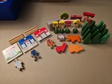 Vintage BRIO Wooden People Animal Figures Signs Fence Trees Lot - 35 Pieces