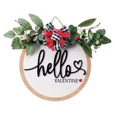VALENTINE'S DAY DOOR SIGN WOODEN CIRCLE DECORATIVE PLAQUE "HELLO VALENTINE"
