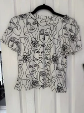 Shein Woman's Black & White Graphic T with Faces and Flowers Sz M