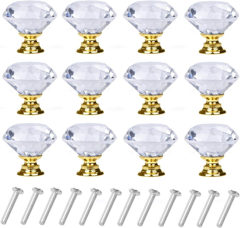 gold dresser knobs 12 pack Drawer Pull Handle Cabinet Diamond Crystal Glass 30mm Furniture antique gold knobs