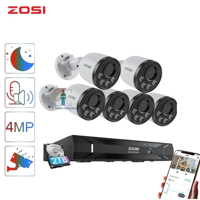 ZOSI 5MP 8CH NVR 4MP Outdoor PoE Security Camera System 24/7 Record CCTV IP Mic