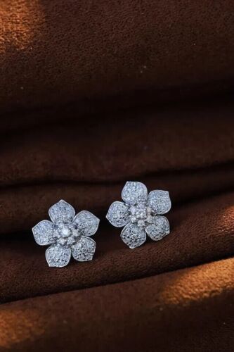 Round Cut Simulated Diamond Gorgeous Flower Stud Earring 14k White Gold Plated - Picture 2 of 5