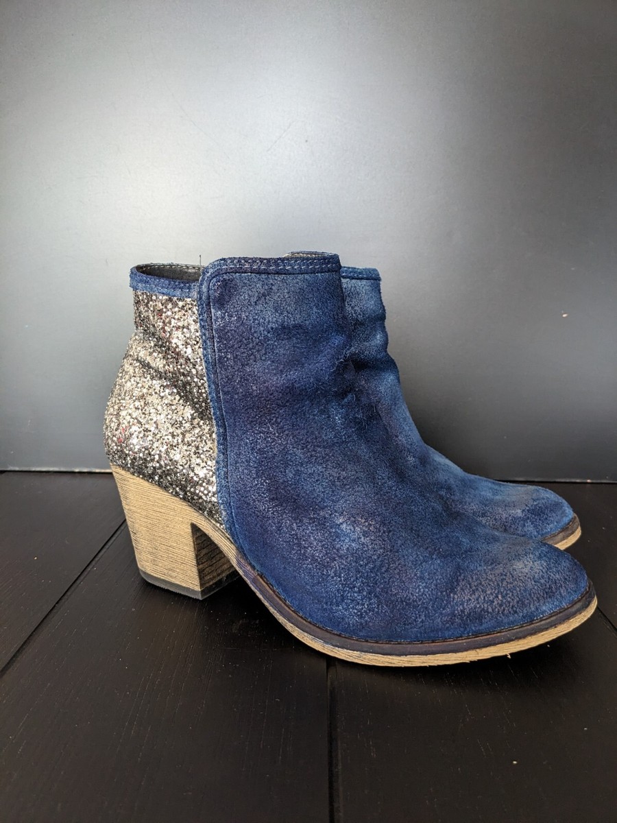 Next Womens Blue Suede Copper Glitter Ankle Boots Block Heel Side Zip UK4  EU37