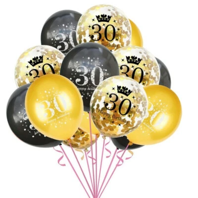 15 x 30th Birthday Balloons Black & Gold Age Party Printed DECOR BALLOONS