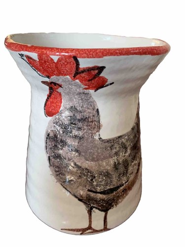 Italian Ceramic Rooster Motif Crock Vase / Spoon Utensil Holder Signed
