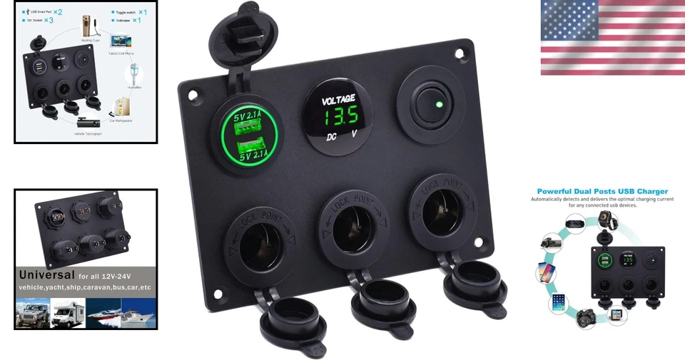Dual USB Charger with LED Voltmeter & 3-Socket 12V Power Outlet for Vehicles - Image 2 of 4