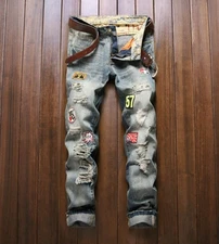 Men's Retro Blue Denim Jeans Straight Leg Badge Ripped Holes Punk Pants Trousers
