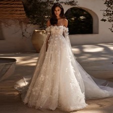 Tulle Wedding Dresses Off Shoulder 3D Flowers A-Line Appliques Floor Length