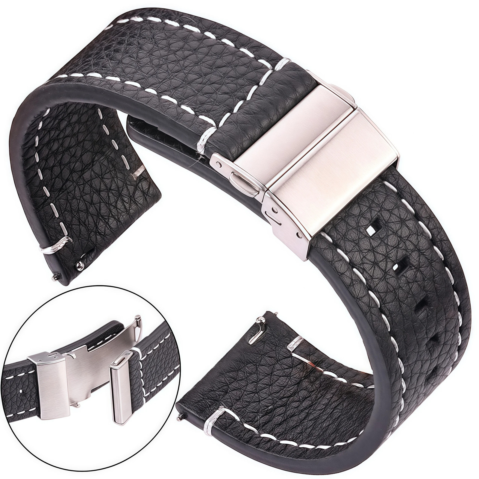 Genuine Leather Watchband Soft Cowhide Watch Strap With Deployment Clasp 18mm 20