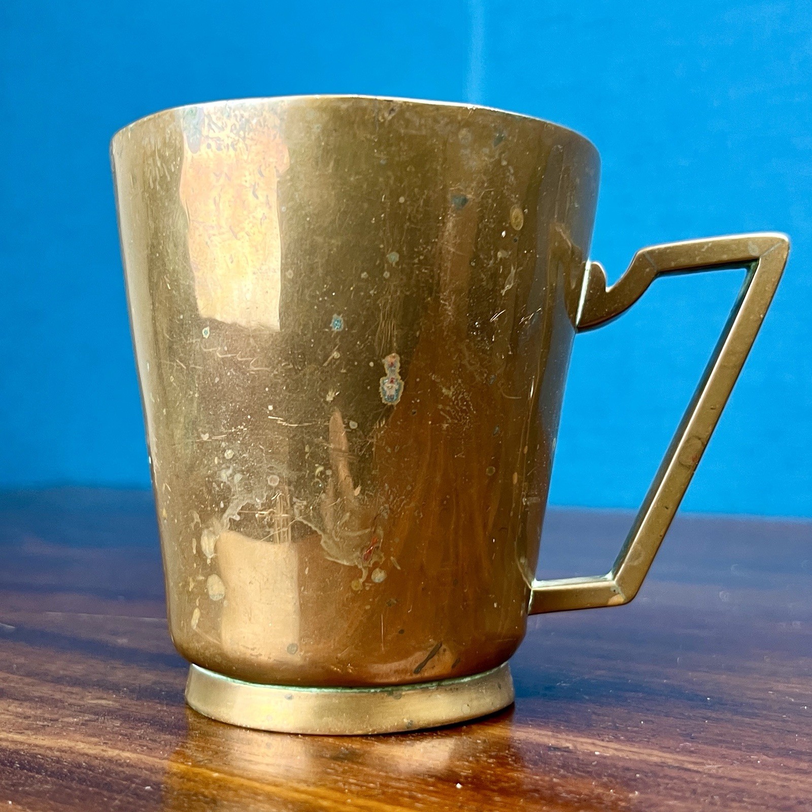 Vintage Solid Brass Tankard Mug Geometric Handle Drinking Cup Rustic 9cm image 6
