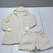 Sherpa Fleece Loungewear Set Womens XL Ivory Hooded Open Front Shorts Two Piece