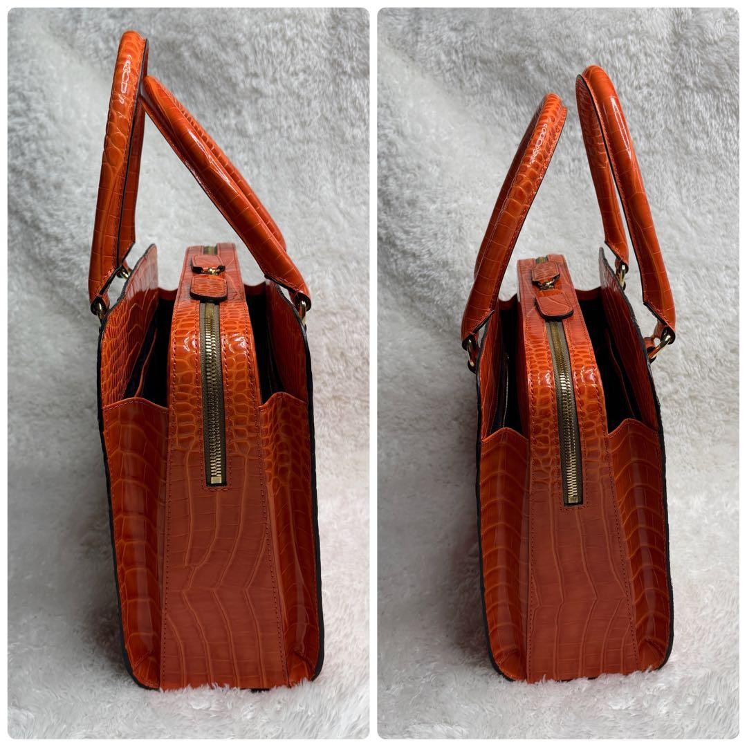 Orla Kiely Leather Handbag Croc-Embossed Orange Cowhide 24x32cm Crocodile-emboss image 5
