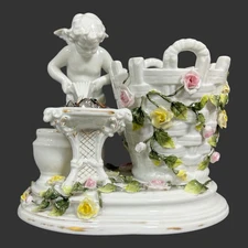 Vintage Porcelain Illegibly Marked Cherub Figure w/ Floral Decoration Basket#232