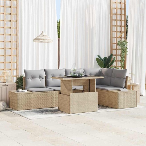 Garten Sofa Set 6 Teile Beige, Grau Rattan, Polyester Garten Sofa-image