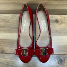 Salvatore Ferragamo Vara Bow Pumps 6 D Red Patent Leather Low Heel Formal Church