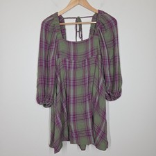 Urban Outfitters Lachlan Flannel Babydoll Mini Dress Purple Green Plaid XS Boho