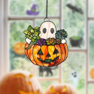 Ghost and Succulent Acrylic Window Hanging,Funny Halloween Suncatcher Ornament