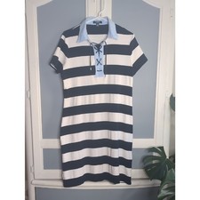 Chaps Navy and White Striped Polo Dress with Light Blue Chambray Collar