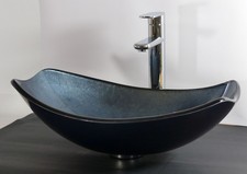 Aufsatz Glas Waschbecken OVAL blau grau Waschtisch Komplettset Waschschale eckig