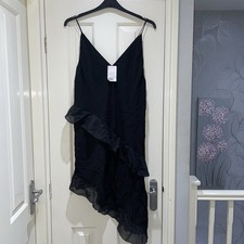 H&M Black V Neck Ruffle Asymmetrical Party Evening Slip Dress Midi Large New