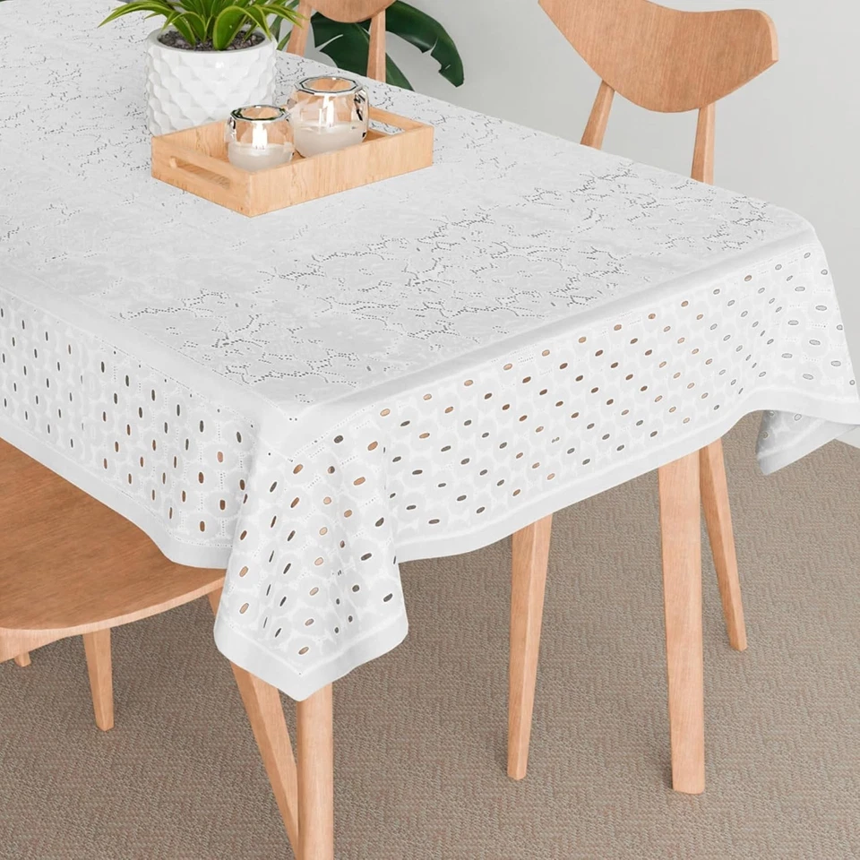 4 seater Net Table Cover Tablecloth Self Flower Valley Design 45x70 Inch White - Image 2 of 4