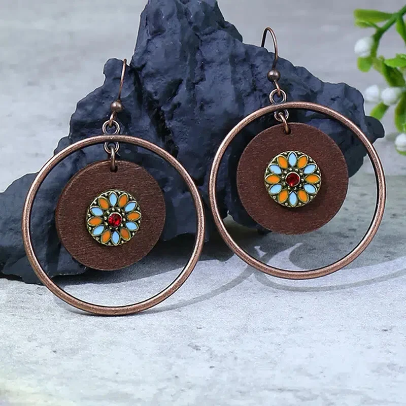 BOHO Bronze tone wood disc enamel flower hoop dangle earrings