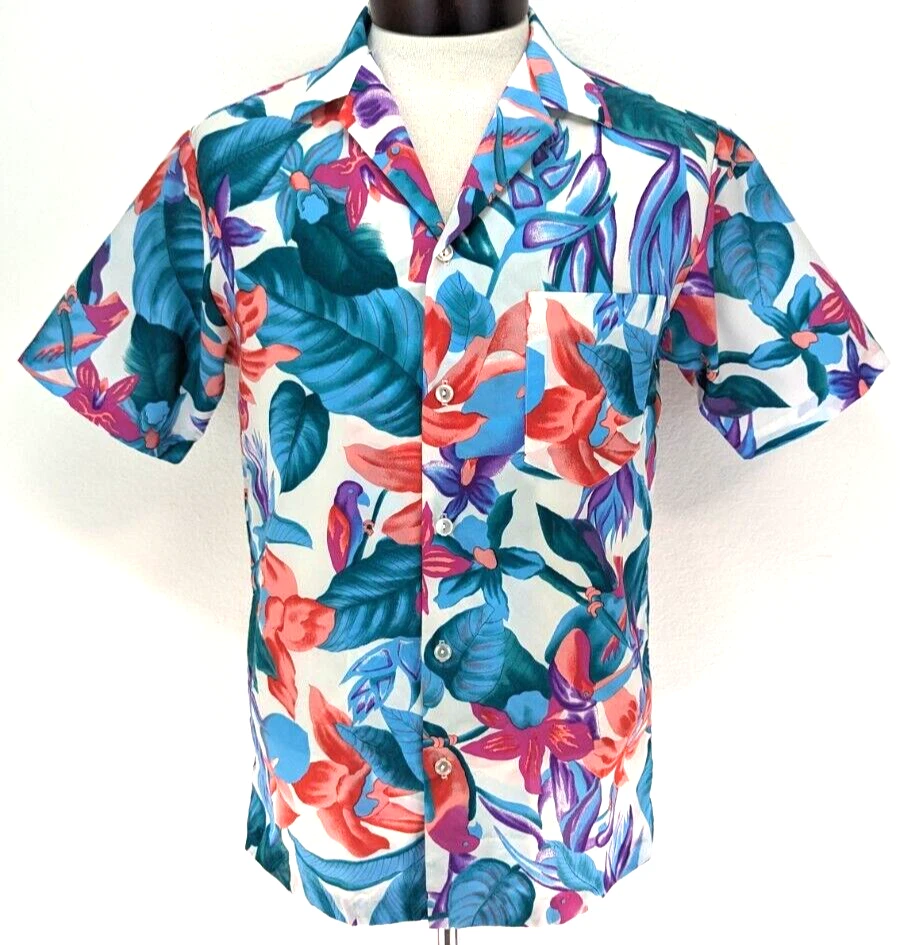 Vtg 70s HILO HATTIE Men's S Hawaiian PARROT Bird Floral Dress Shirt Polyester * - Image 3 of 4