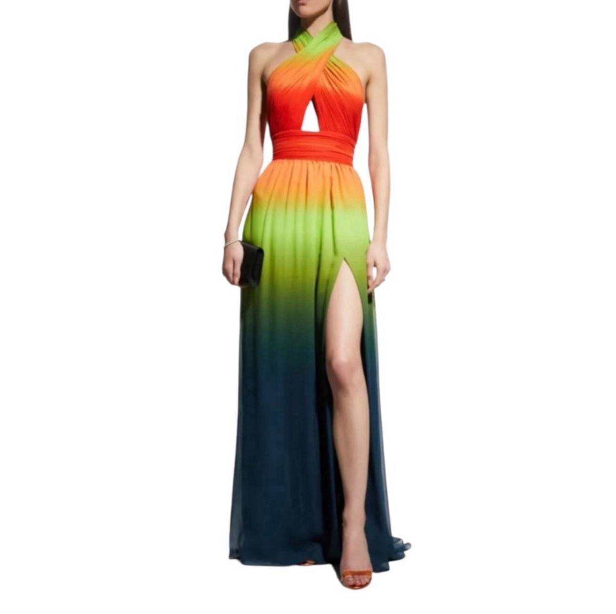 Elie Saab Crossover Halter Thigh-Slit Ombre Silk Gown | eBay