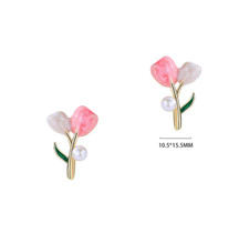 S925 Sterling Silver Pink Tulip Flower Enamel Freshwater Pearl Stud Earrings L8