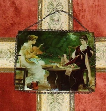 Antique 1880s TAPESTRY Glass Flue Cover GROUP MUYLLE Belgium Velvet Table Covers